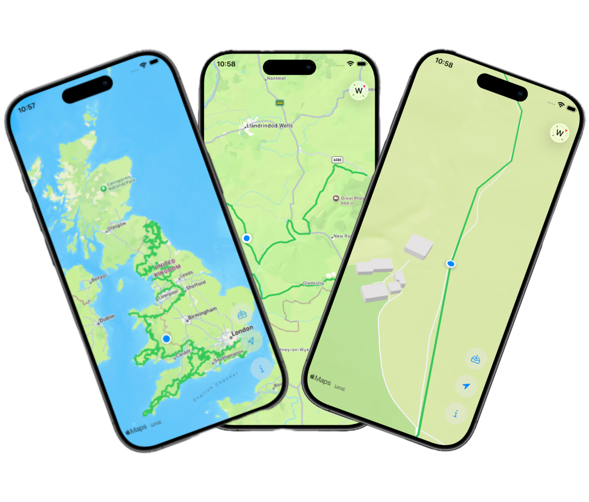 Three iPhones showing GPX Follow with a UK route, a regional track, and a close-up of your live position