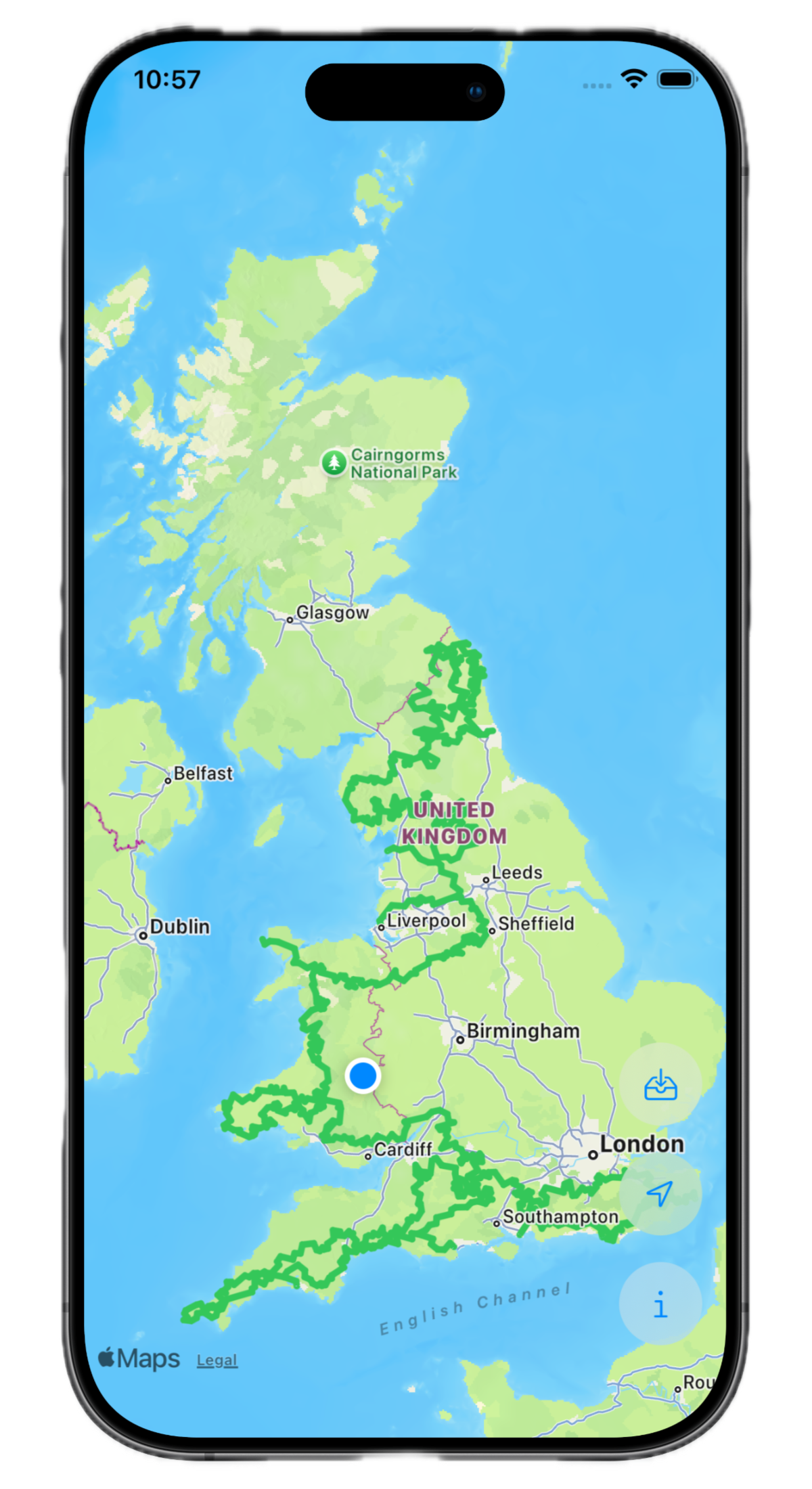 GPX Follow showing the Trans European Trail across the UK